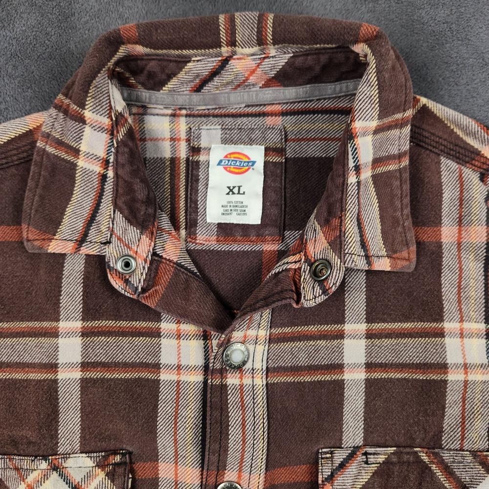 Vintage Dickies Flannel Shirt Mens XL Brown Plaid Snap‎ Up Heavyweight Workwear